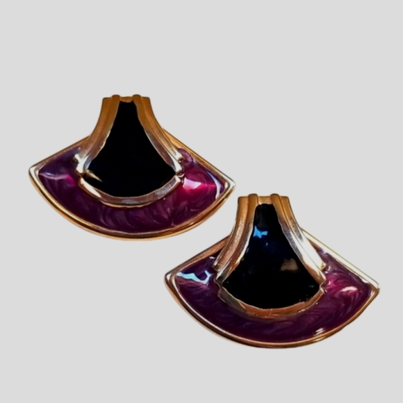 Vintage Jewelry - Vintage 1960s Purple Enamel and Gold  Tone Metal Post Back Earrings